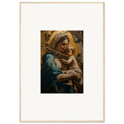 Framed canvas print of a woman in blue with child, perfect for loving sentinence room decoration