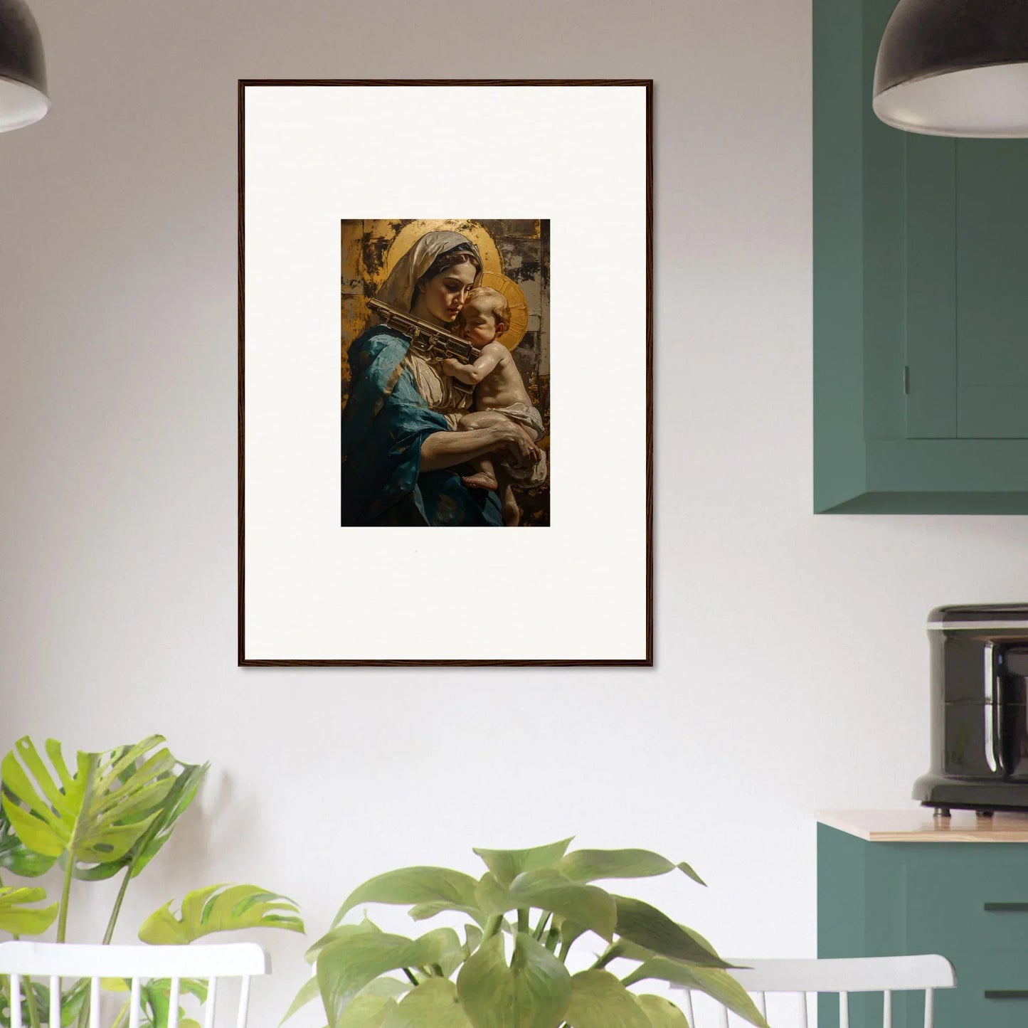 Framed canvas print of a woman with a small lamb, perfect for loving sentinence room decoration