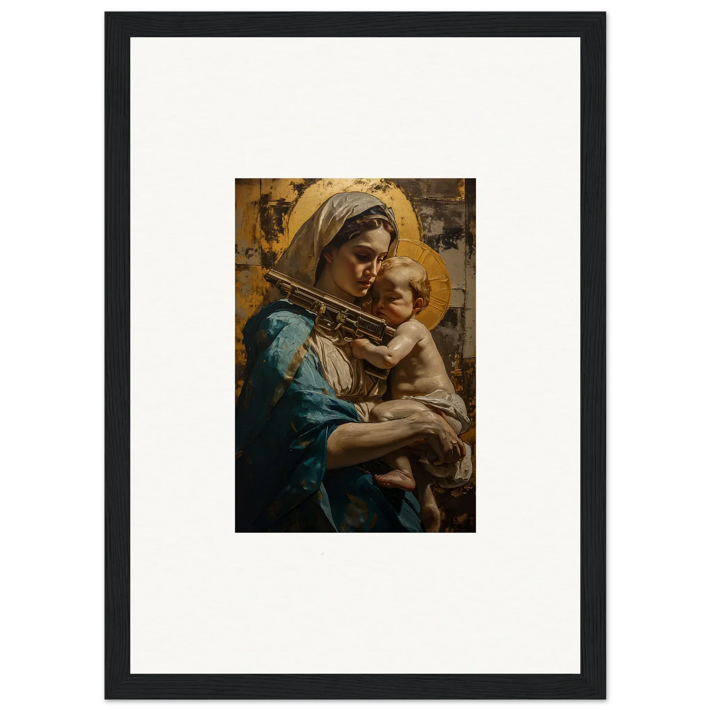 Framed canvas print of woman in blue with child, perfect for loving sentinence room decoration