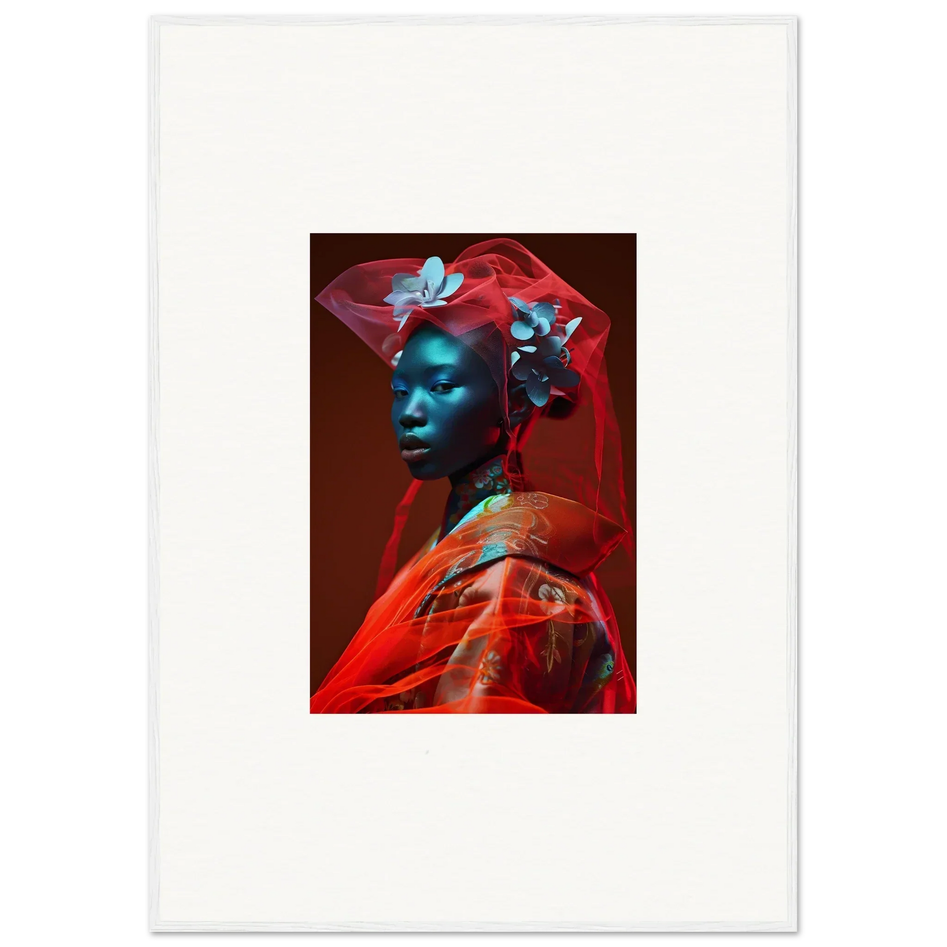 Striking portrait of a blue-skinned figure in red, perfect for Orchid Blaze room decor