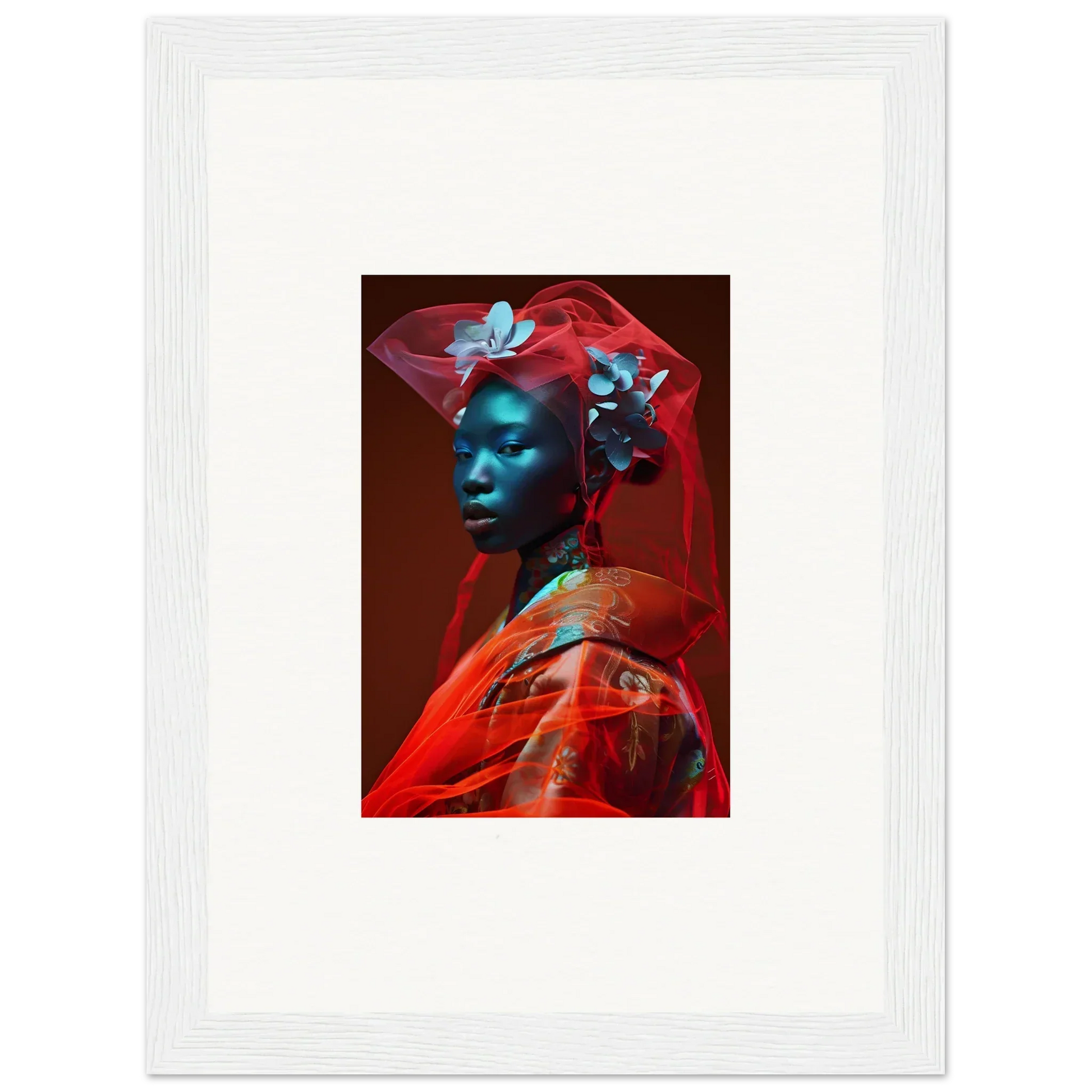 Portrait of a figure with blue skin in red clothing, perfect for Orchid Blaze room decor
