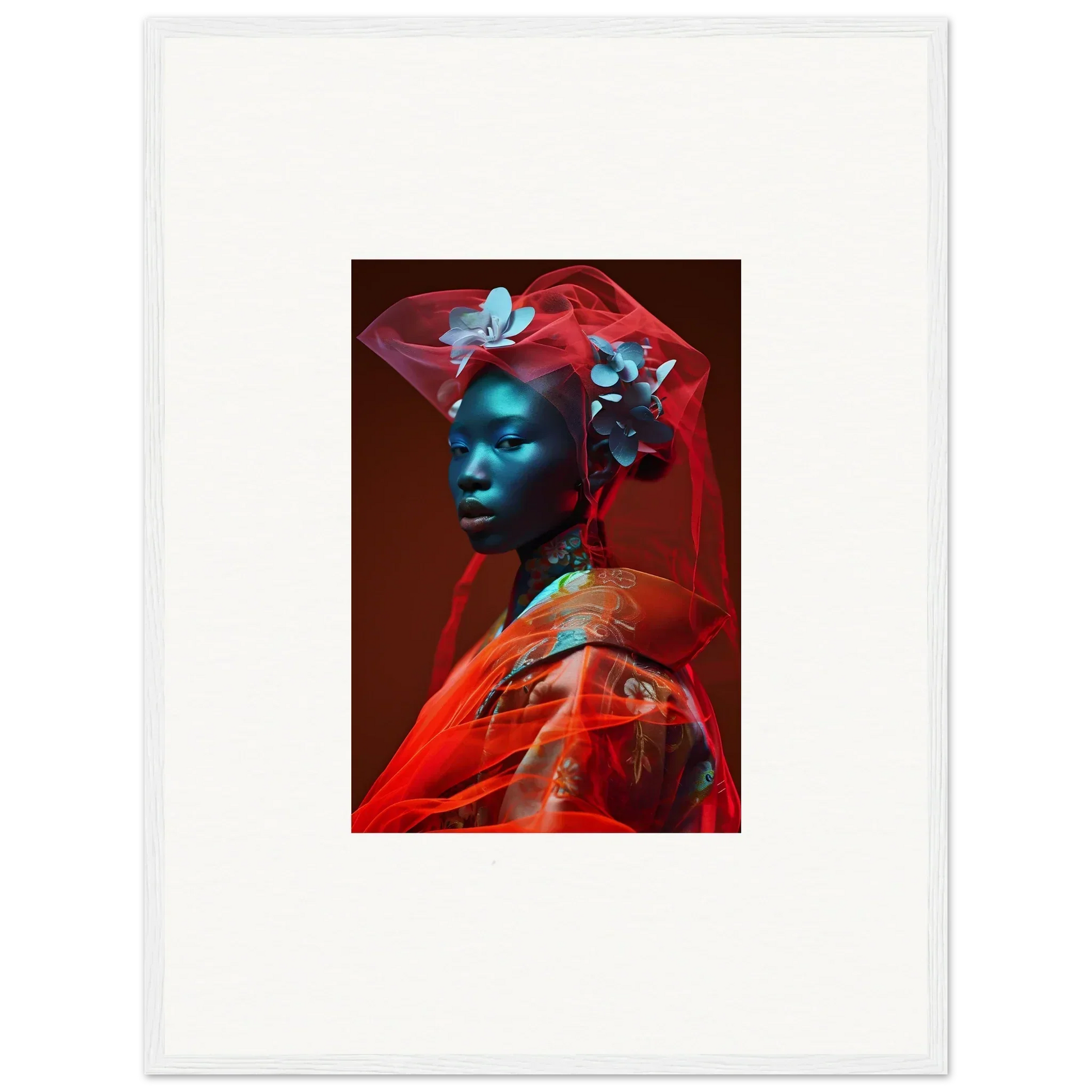Striking framed wall art of a person with blue-tinted skin in orchid blaze decor