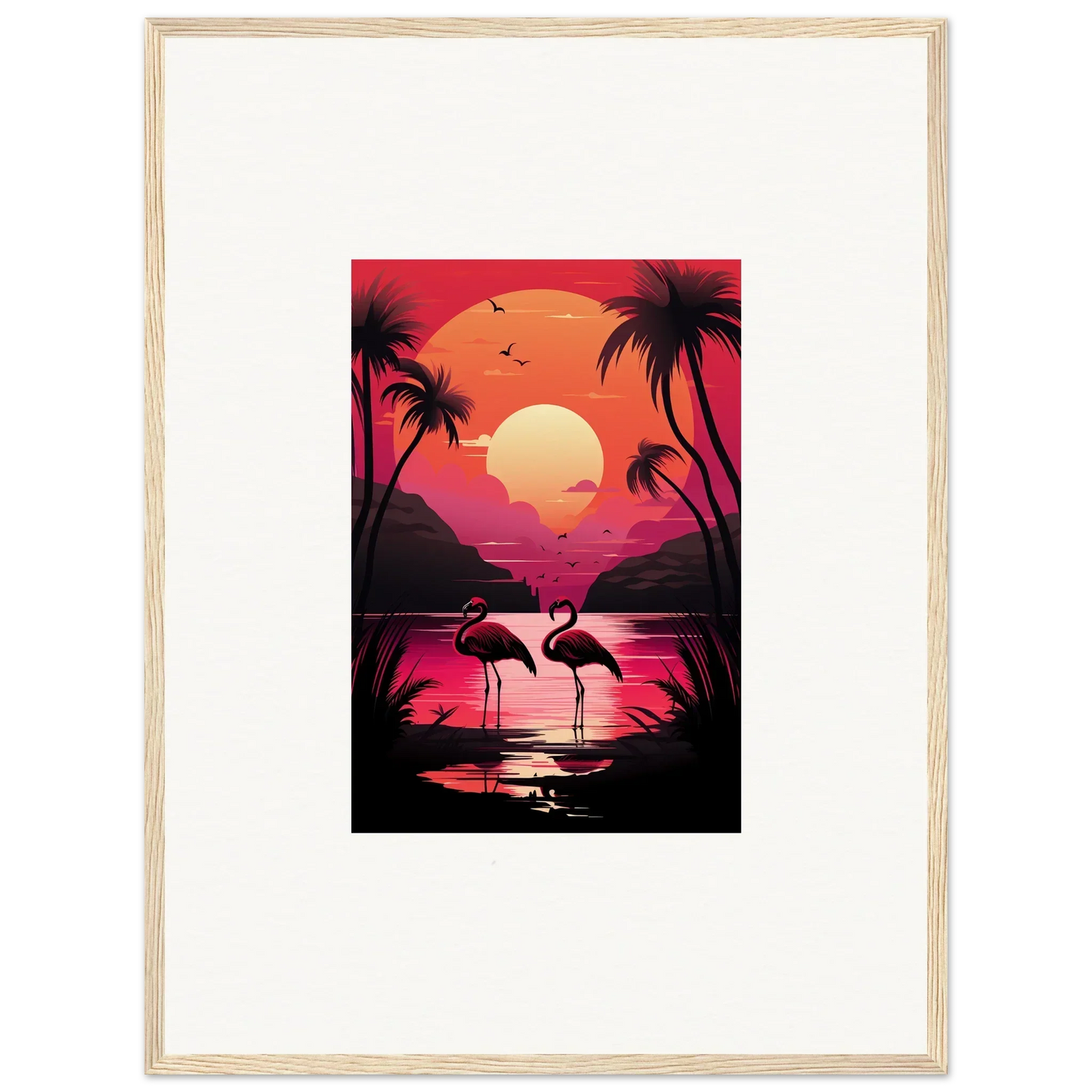 Framed canvas print of Tropical Sunset with Flamingo Serenade and palm trees for room decoration