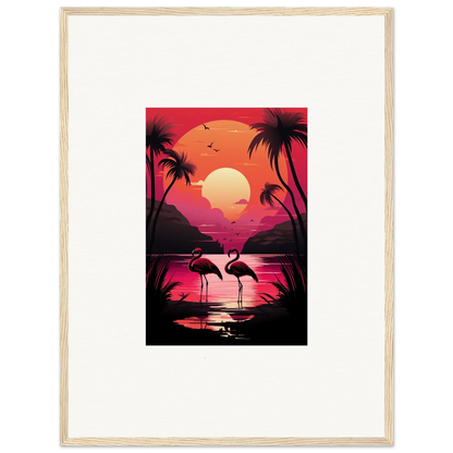 Framed canvas print of Tropical Sunset with Flamingo Serenade and palm trees for room decoration