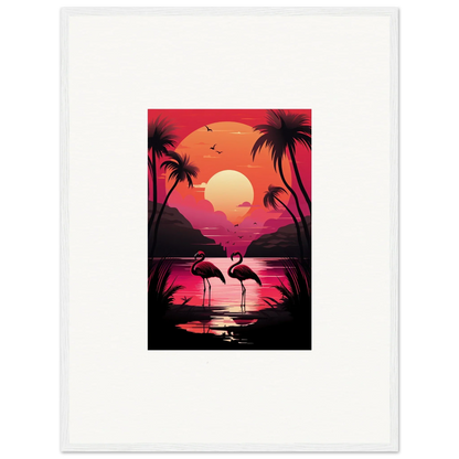 Tropical sunset with palm trees and flamingos for a vibrant room decoration canvas print