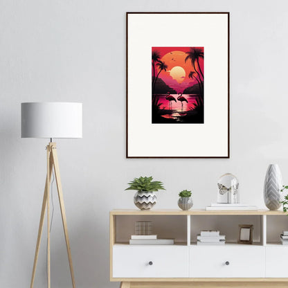 Framed tropical sunset canvas print with flamingo serenade vibe for room decoration