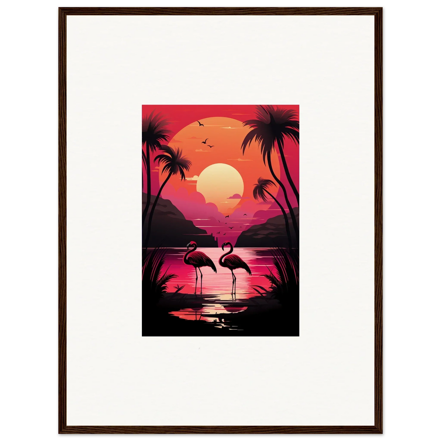 Vibrant Flamingo Serenade canvas print with sunset, palm trees, perfect room decoration