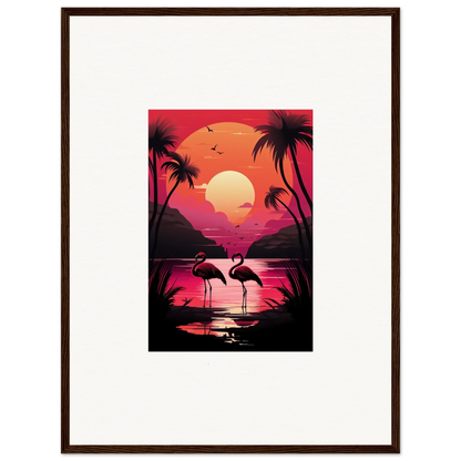 Vibrant Flamingo Serenade canvas print with sunset, palm trees, perfect room decoration