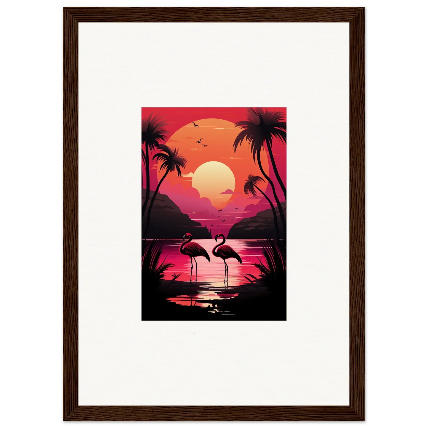 Framed canvas print of a tropical sunset with flamingos for perfect room decoration