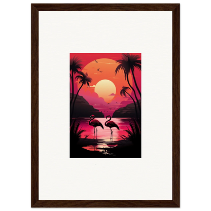 Framed canvas print of a tropical sunset with flamingos for perfect room decoration