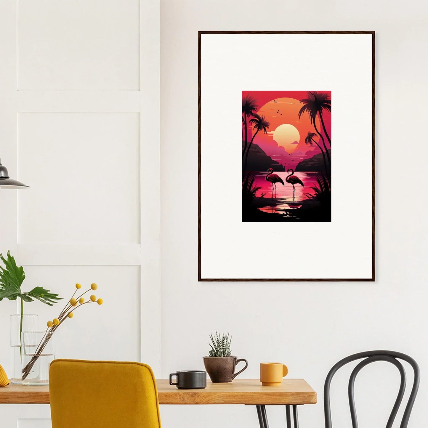 Framed Canvas Print of Tropical Sunset with Flamingos for Room Decoration