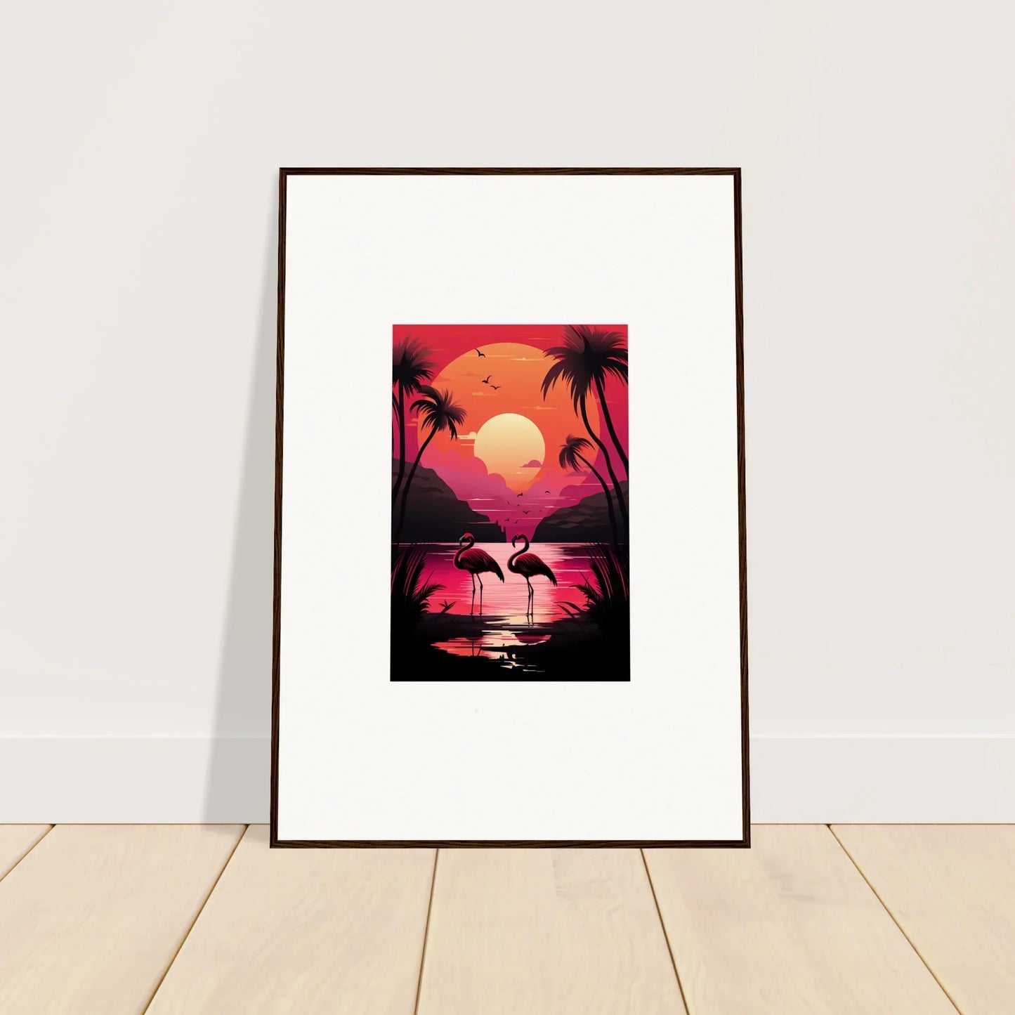 Framed canvas print of Twilight Flamingo Serenade, a dreamy tropical sunset scene