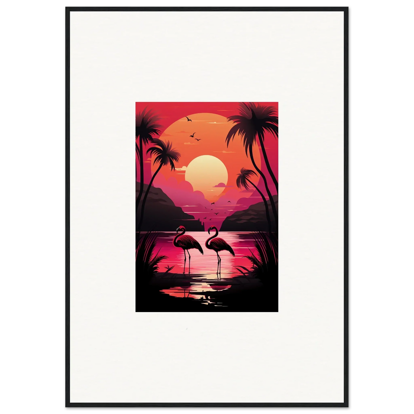 Framed canvas print of a tropical sunset with flamingos for stylish room decoration