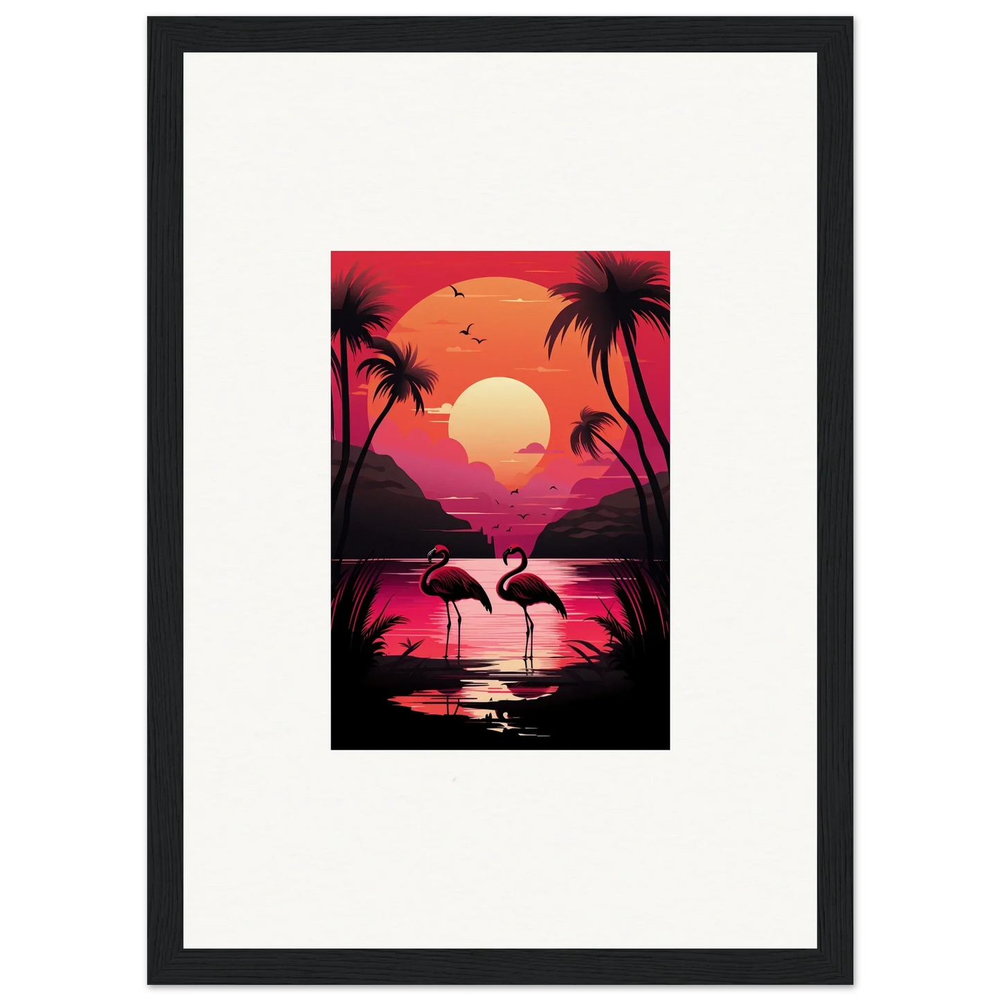 Framed canvas print of a tropical sunset with flamingo serenade and palm trees