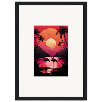 Framed canvas print of a tropical sunset with flamingo serenade and palm trees