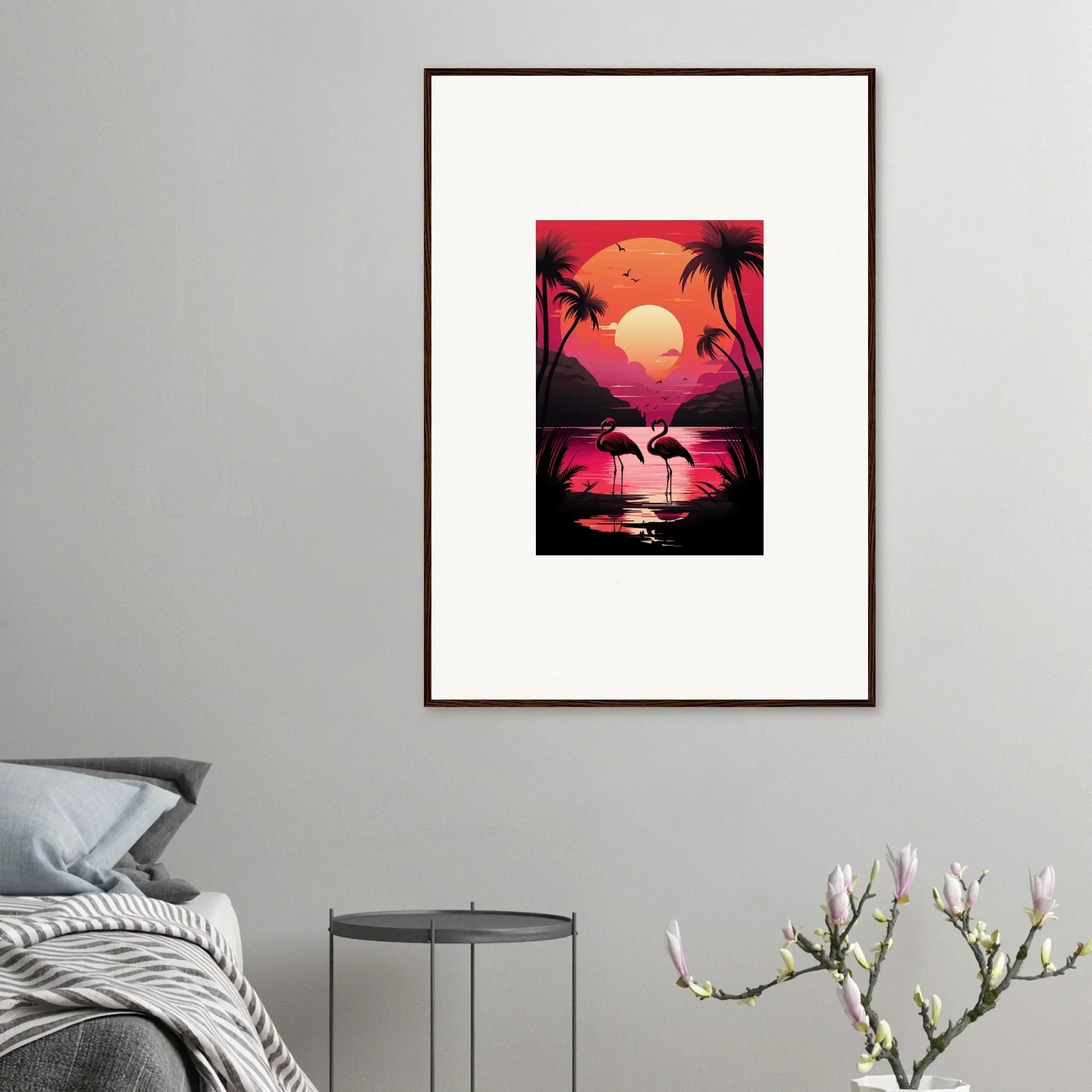 Colorful canvas print of a tropical sunset with flamingos, perfect for room decoration