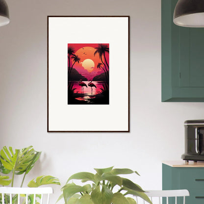 Framed canvas print of Twilight Flamingo Serenade with vibrant sunset and palm trees