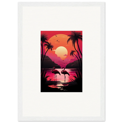 Framed canvas print of a tropical sunset with palm trees and flamingos for room decoration