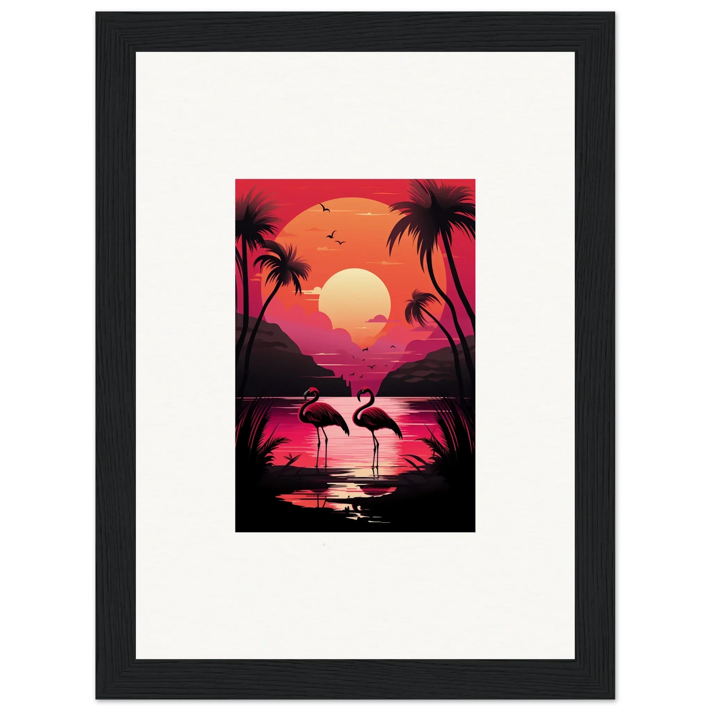 Framed canvas print of Tropical Sunset with Flamingo Serenade for room decoration