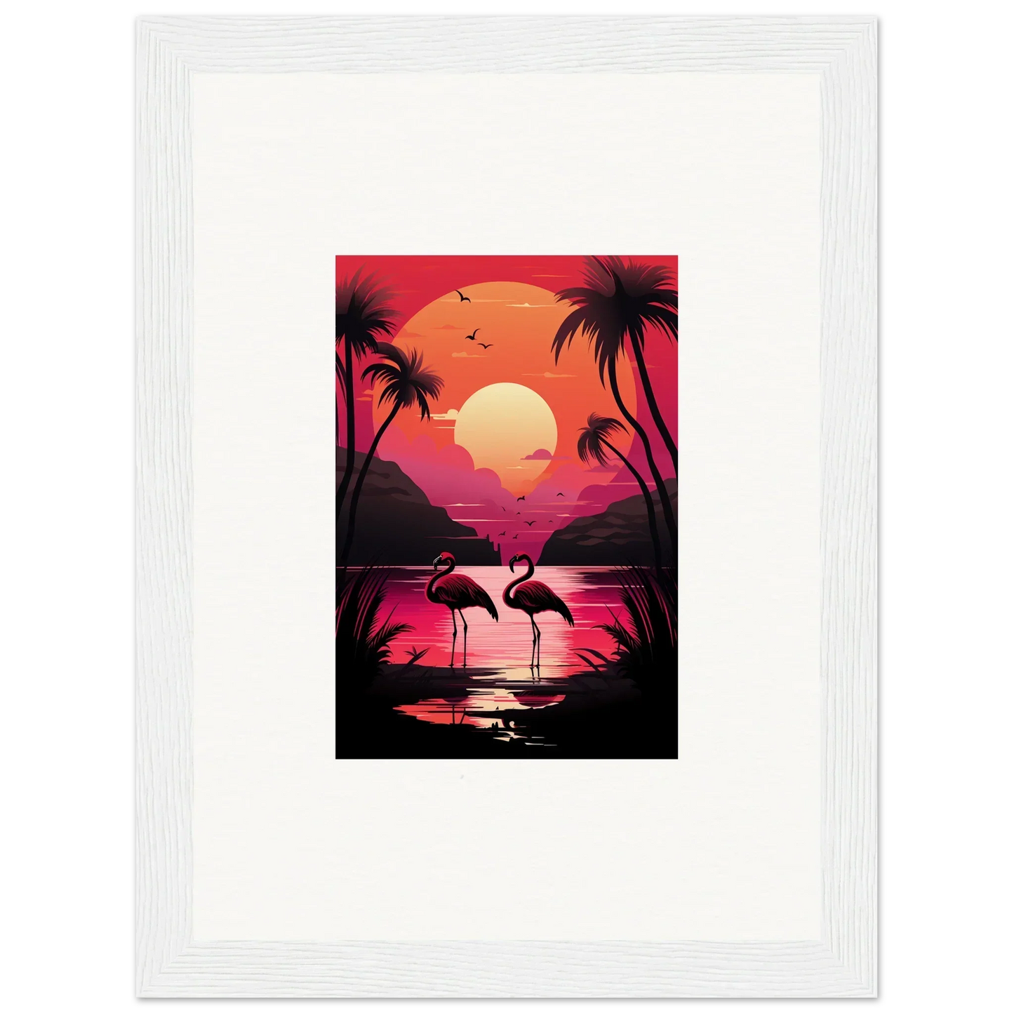 Framed canvas print of a tropical sunset with flamingos for vibrant room decoration