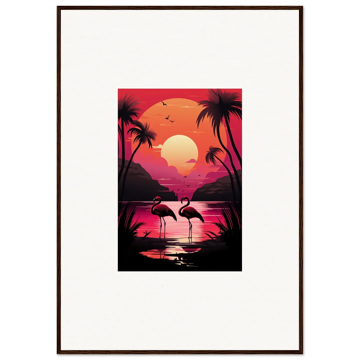 Framed canvas print of a flamingo serenade at sunset for stylish room decoration