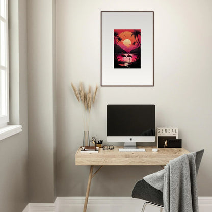 Minimalist home office with a wooden desk, computer, and Flamingo Serenade canvas print