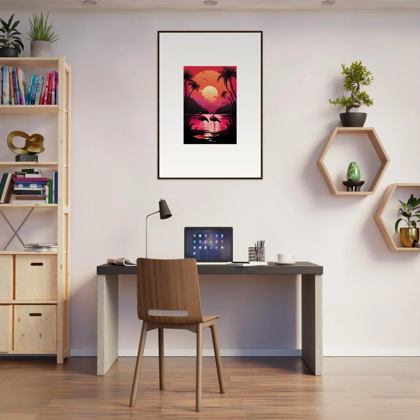 Chic home office with a desk, chair, and Flamingo Serenade canvas print wall art