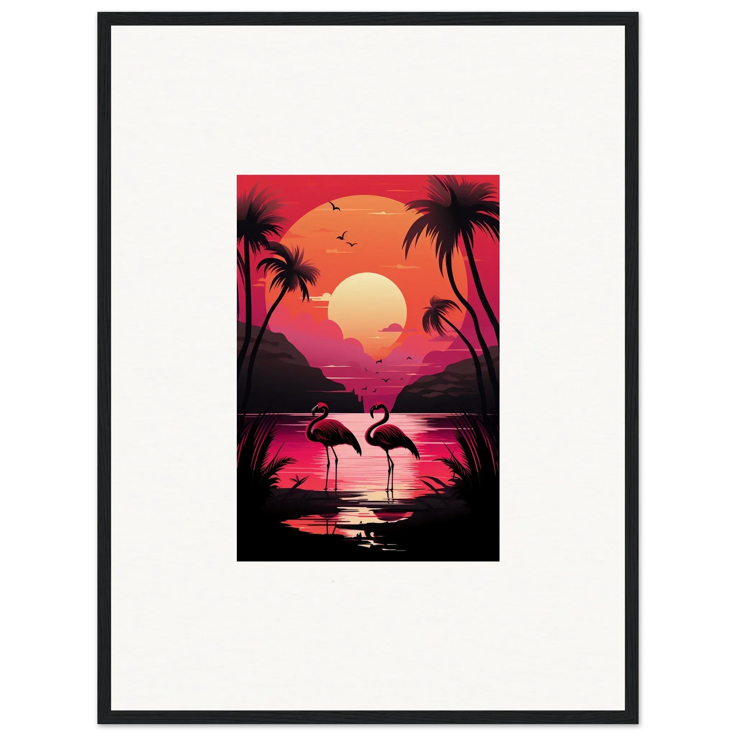 Framed canvas print of a flamingo serenade at sunset, perfect room decoration