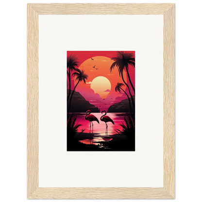 Framed canvas print of a tropical sunset with flamingo serenade and palm trees