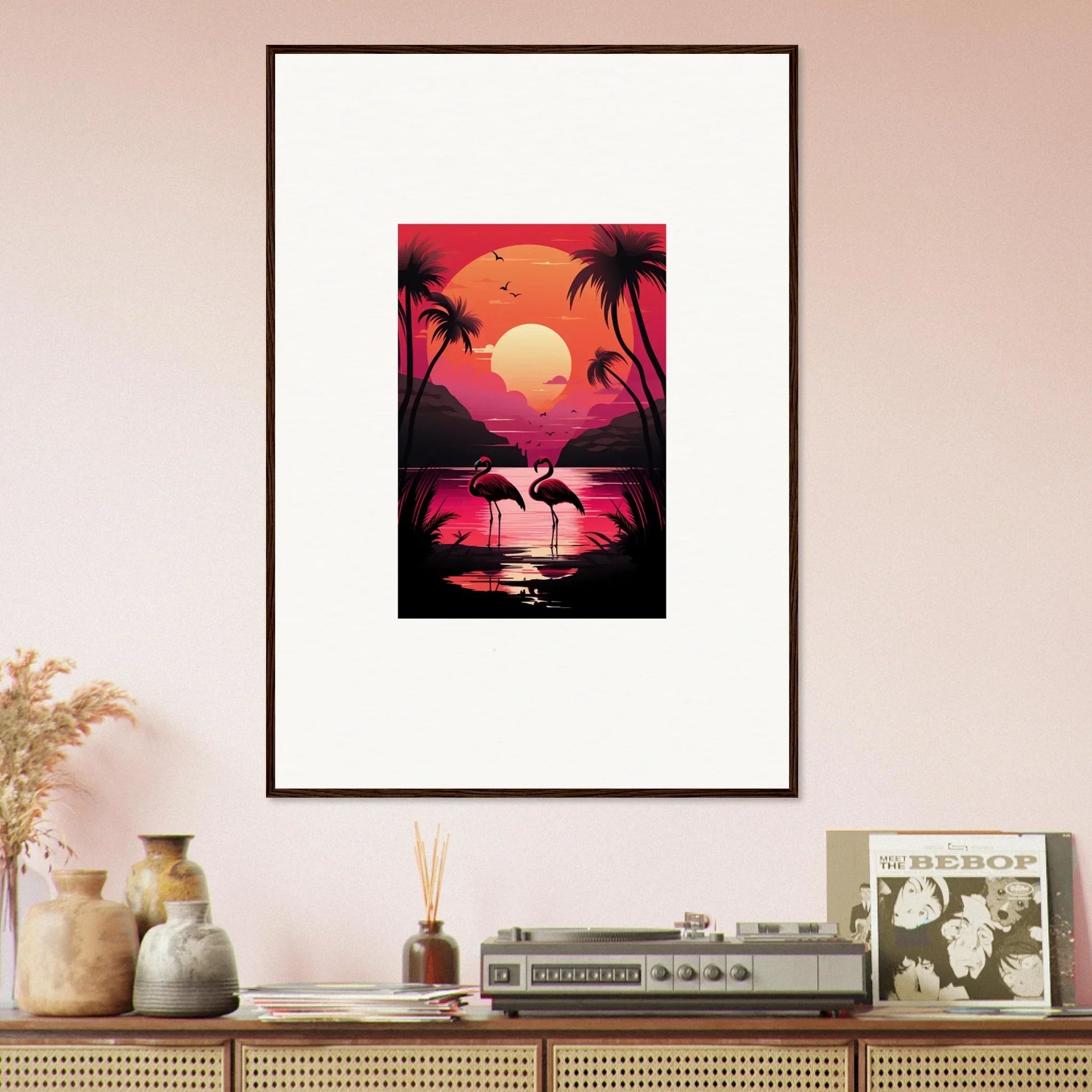 Framed canvas print of a tropical sunset with flamingos for vibrant room decoration