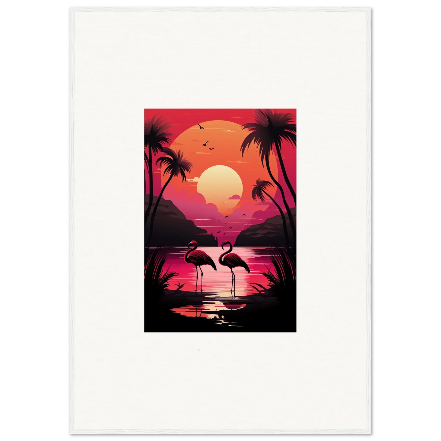 Tropical sunset with palm trees and flamingos for a vibrant canvas print room decoration