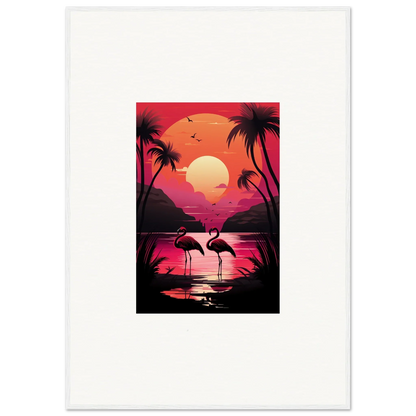 Tropical sunset with palm trees and flamingos for a vibrant canvas print room decoration