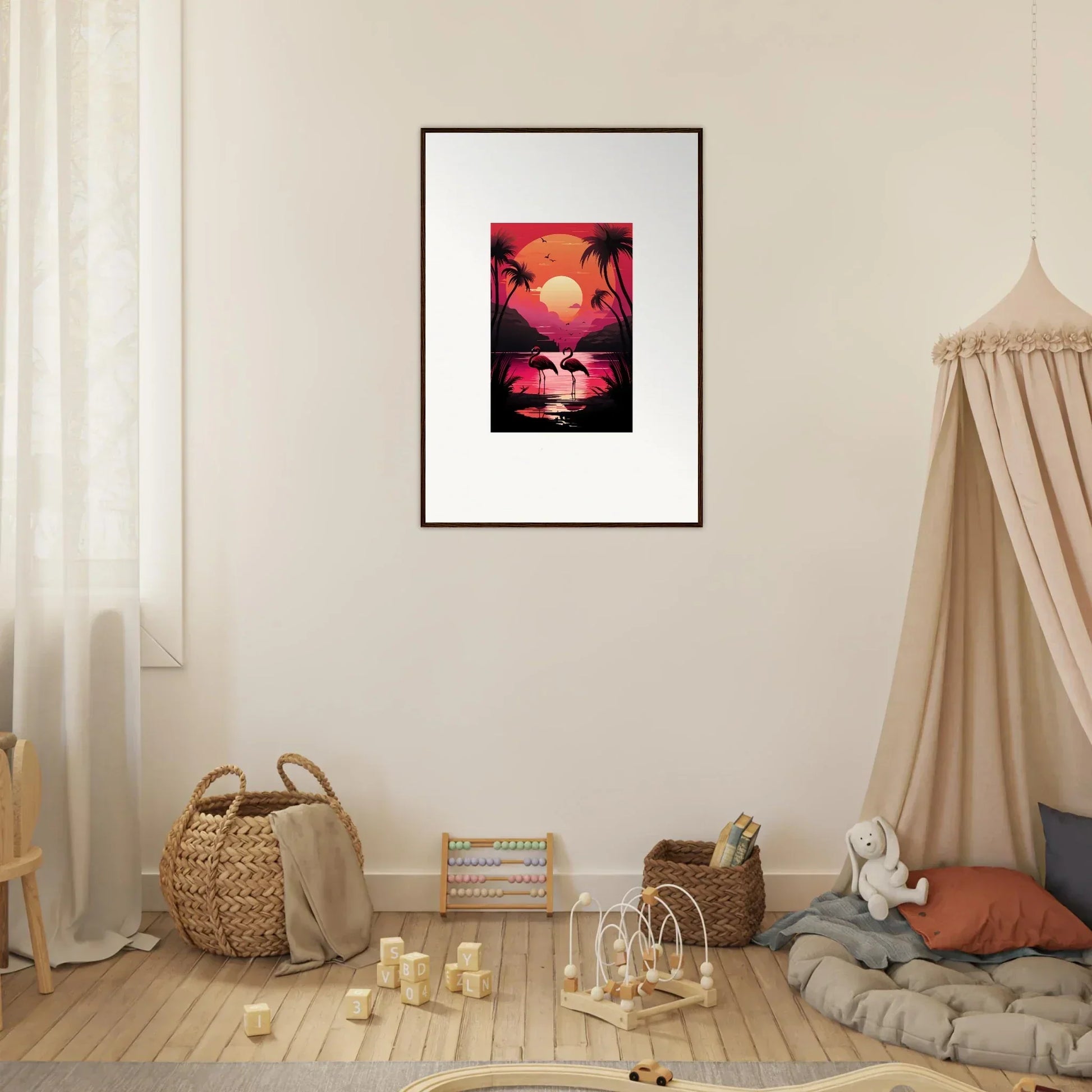 Framed canvas print of a Tropical Sunset with Flamingo Serenade for room decoration