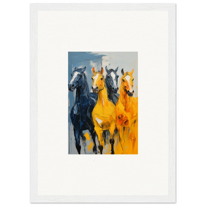 Vibrant painting of hued mares in blue and yellow for stylish room decoration