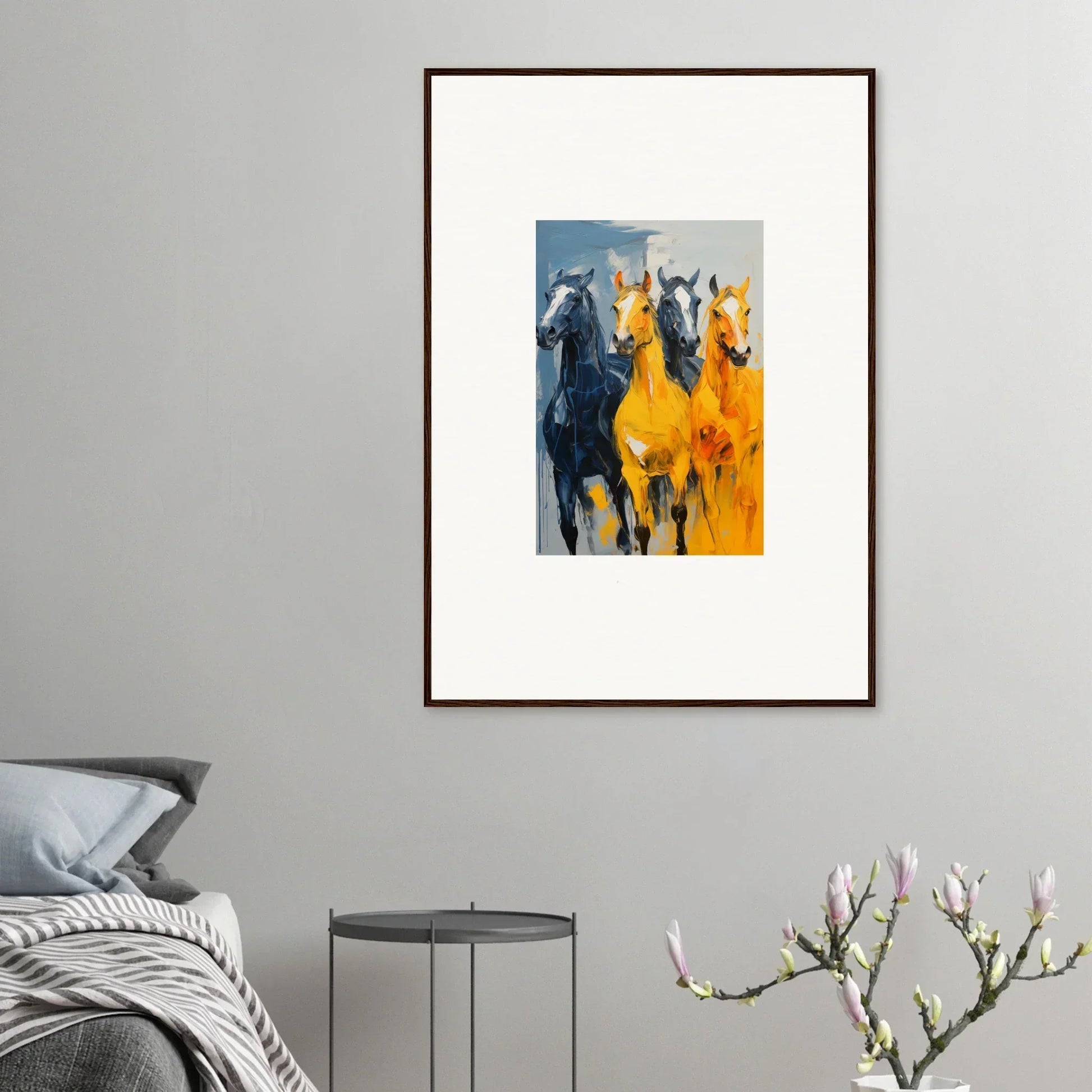 Framed canvas print of hued mares running, perfect for vibrant room decoration