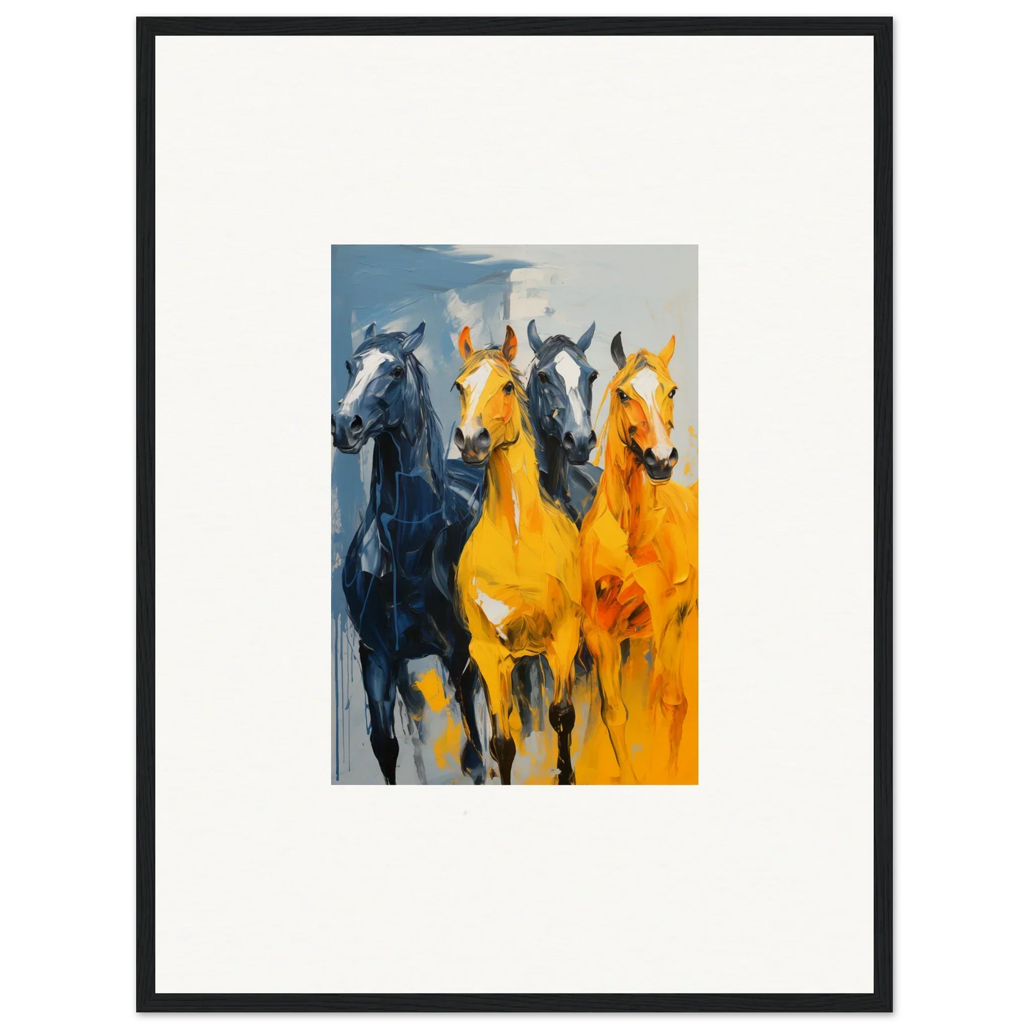 Vibrant canvas print of hued mares, featuring two dark and two golden horses in motion