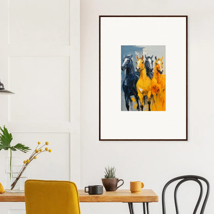 Framed canvas print of hued mares running, perfect for vibrant room decoration