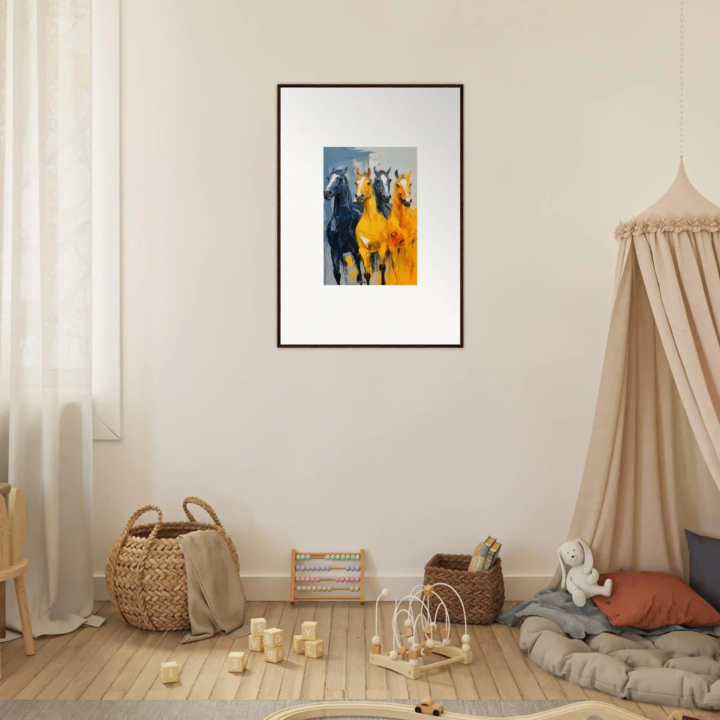 Framed painting of hued mares in blue and yellow for stylish room decoration