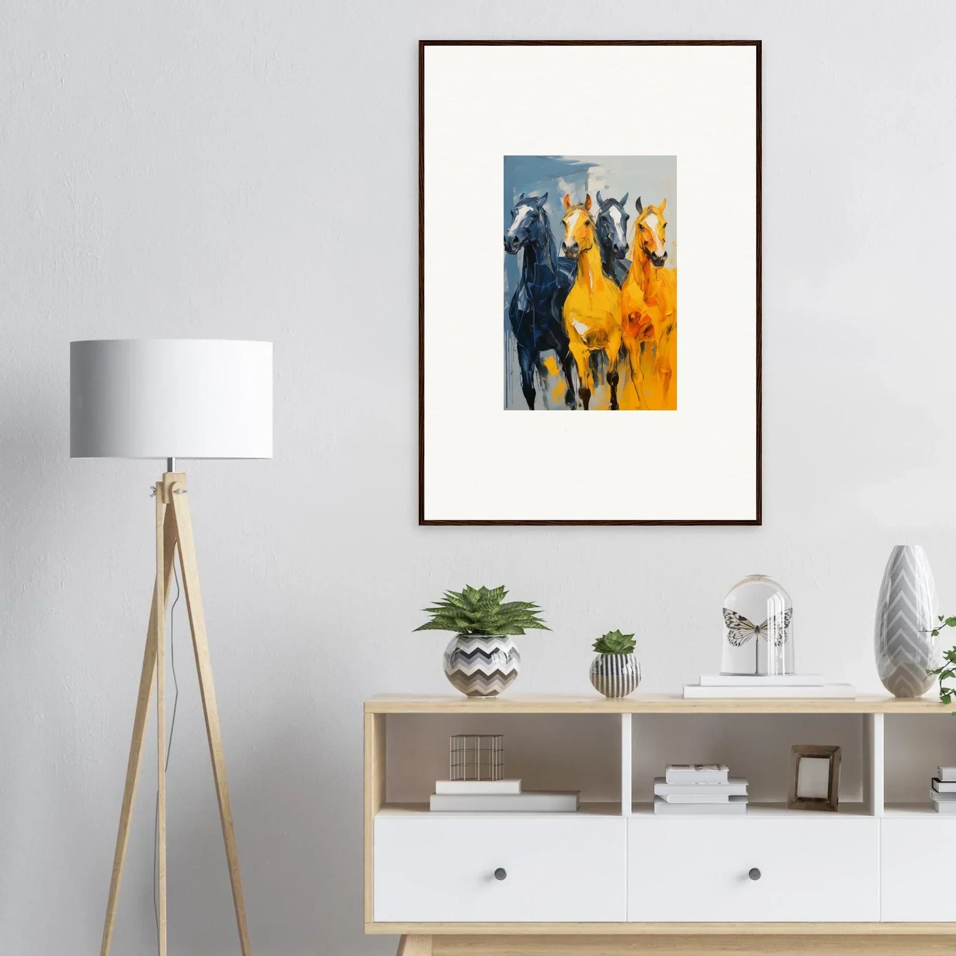 Framed canvas print of hued mares running, perfect for vibrant room decoration