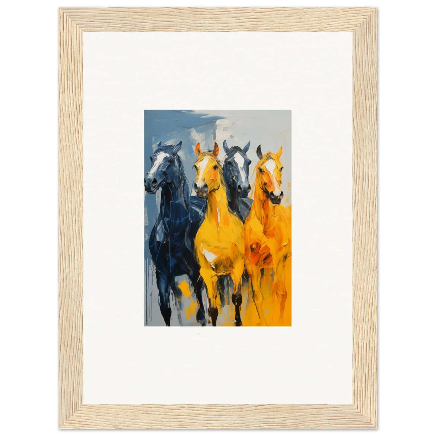 Framed canvas print of hued mares running, perfect for vibrant room decoration