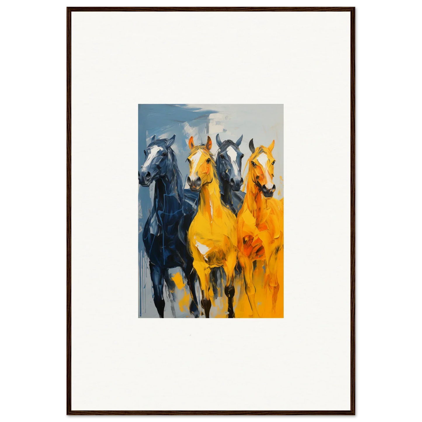 Colorful canvas print of hued mares running, perfect for room decoration