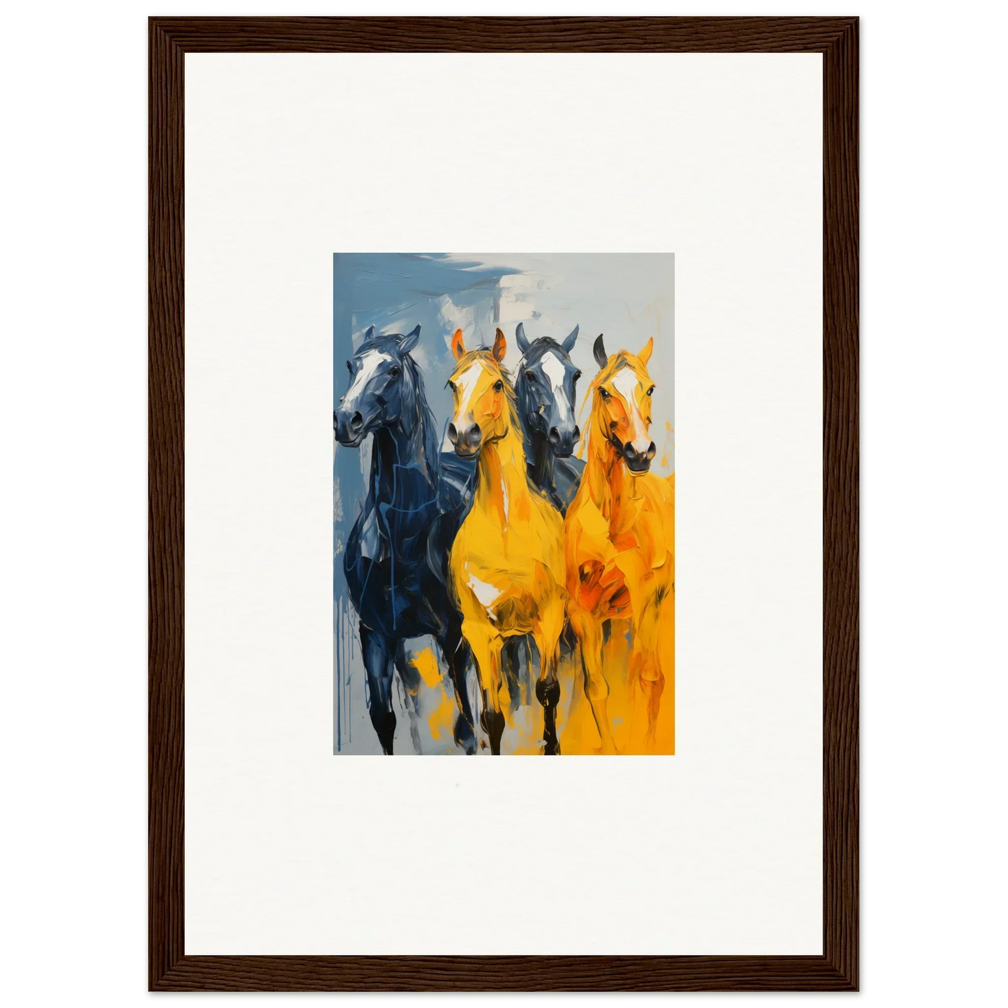 Vibrant canvas print of hued mares galloping in yellow and blue for room decoration