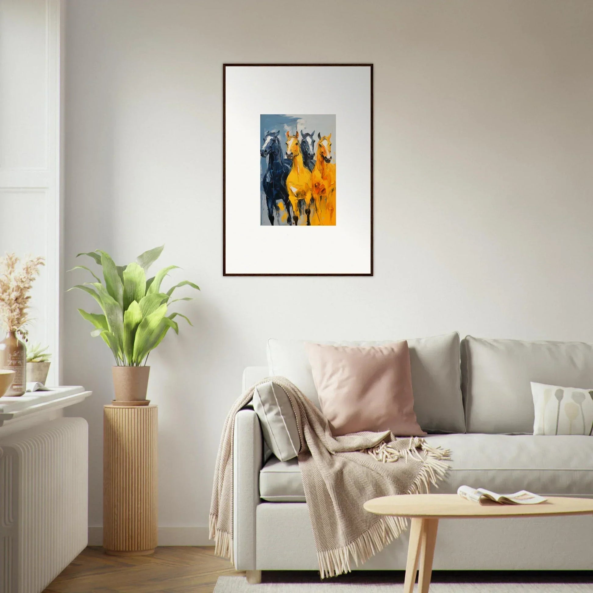 Framed canvas print of colorful hued mares, perfect for stylish room decoration