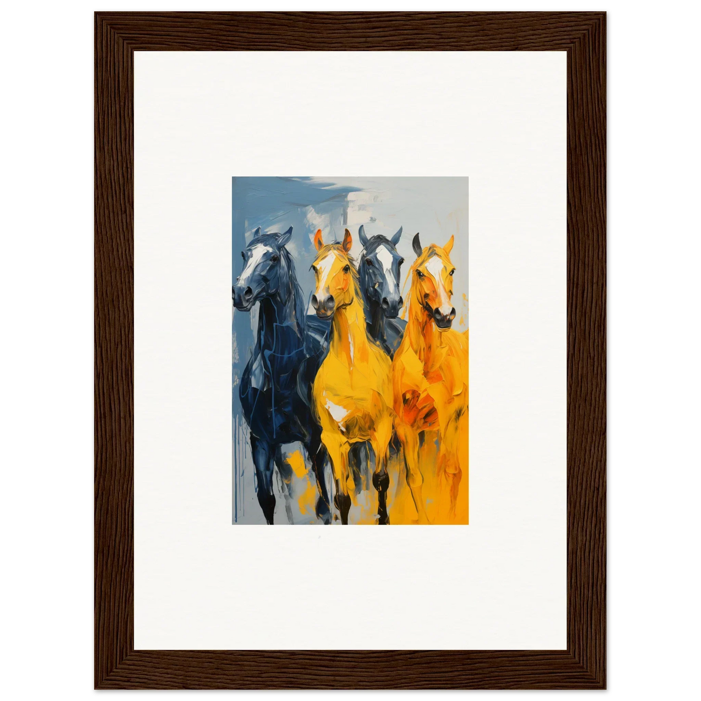 Framed canvas print of vibrant hued mares running, perfect for room decoration