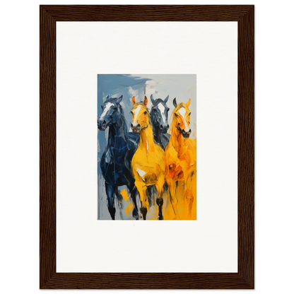 Framed canvas print of vibrant hued mares running, perfect for room decoration