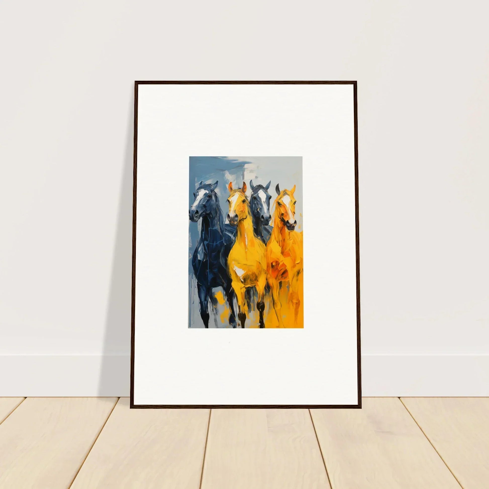 Framed canvas print of hued mares running, perfect for vibrant room decoration