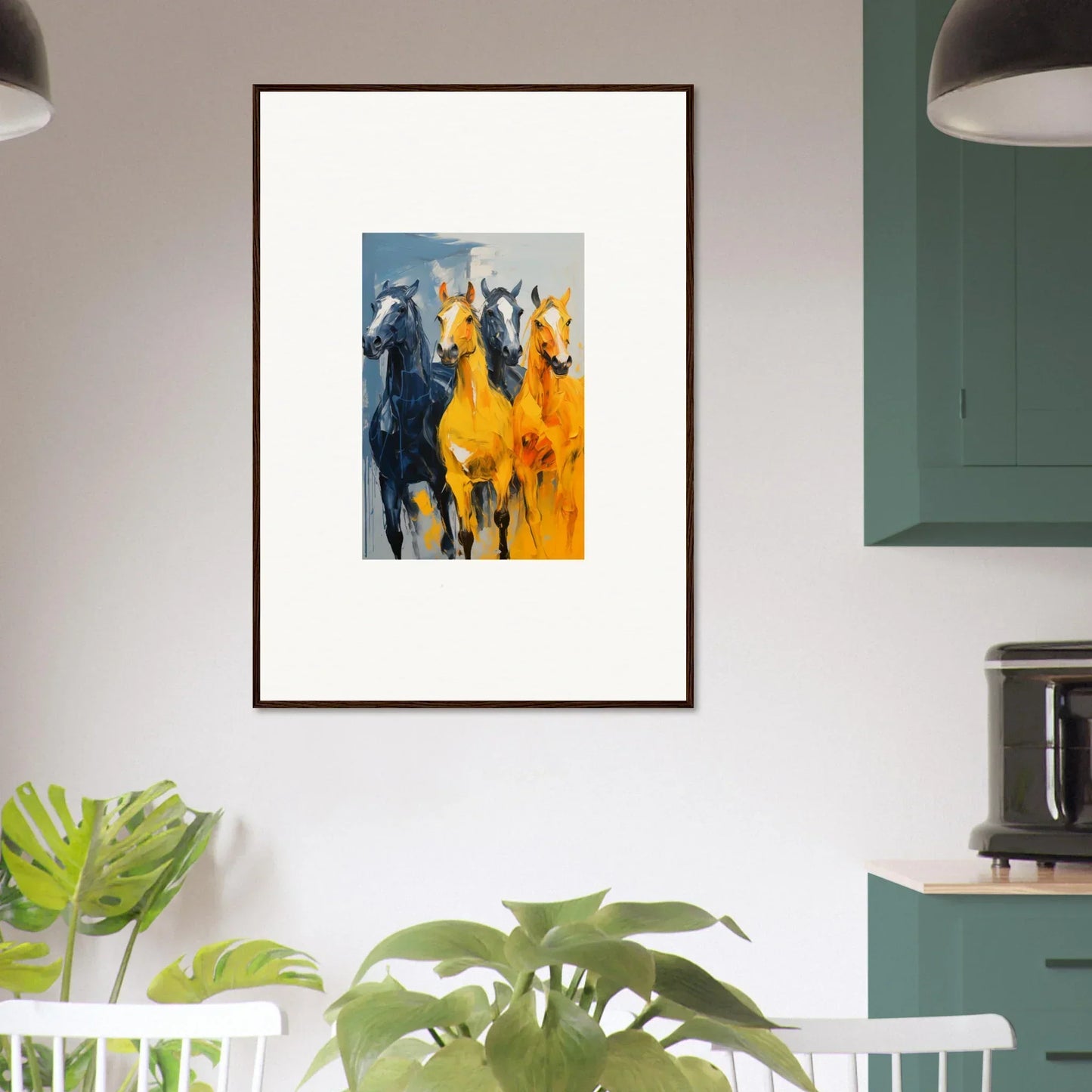 Framed canvas print of hued mares in blue and yellow, perfect for room decoration