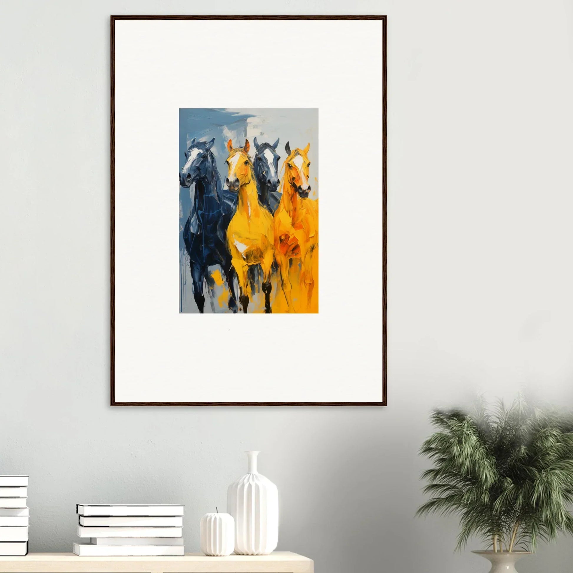 Framed canvas print of hued mares running, perfect for vibrant room decoration