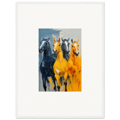 Vibrant canvas print of hued mares, featuring dark and golden horses in motion