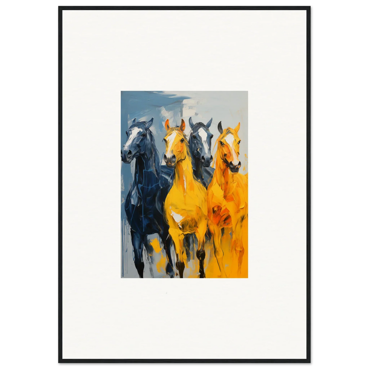 Colorful canvas print of hued mares galloping, perfect for room decoration